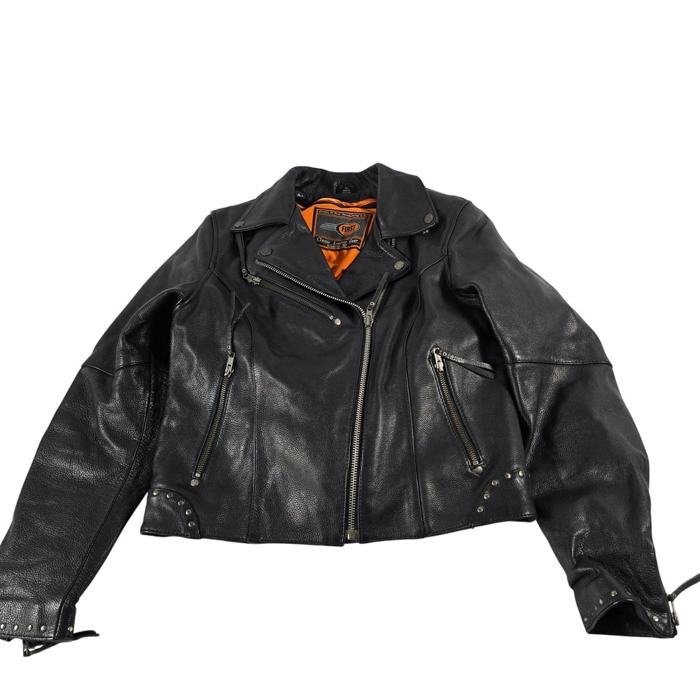 First Classics Womens Black Leather Biker Jacket Moto Studded Removable Liner M